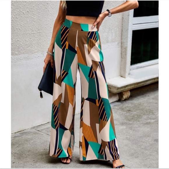 🔥BLACK FRIDAY🔥 Boho High Waist Print Pocket Wide Leg Palazzo Pants L - Picture 2 of 5